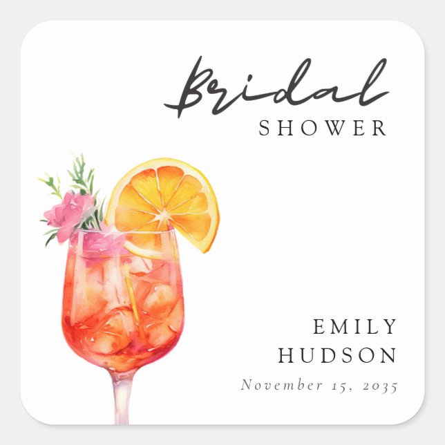Aperol Spritz Floral Bridal Shower Square Sticker (Front)
