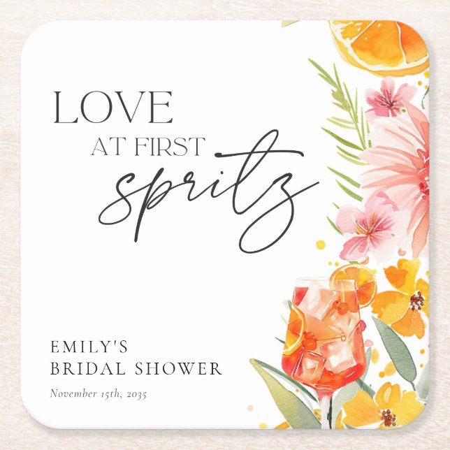 Aperol Spritz Watercolor Bridal Shower Square Paper Coaster (Front)