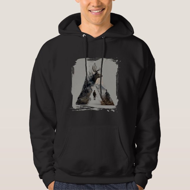 Apex Hunter Deer Double Exposure Mountain Forest  Hoodie (Front)