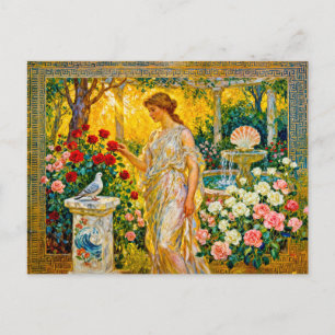 Aphrodite in Rose Garden with Fountain, Shell and Postcard