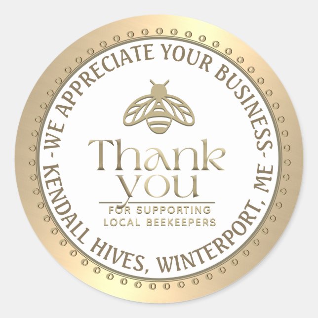 APIARY 3D GOLD HONEY BEE LOGO BUSINESS THANK YOU   CLASSIC ROUND STICKER (Front)