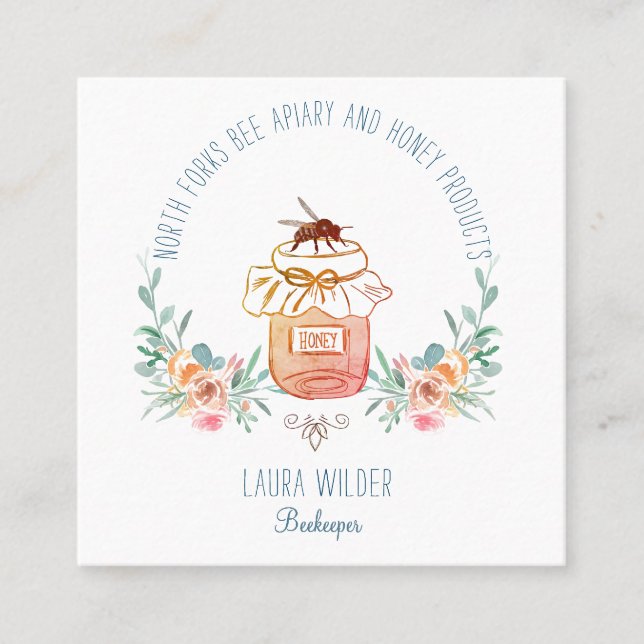 Apiary Bee Honey Jar Floral Square Business Card (Front)