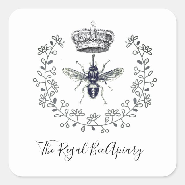 Apiary Elegant Honey Bee Crown Laurel Beekeeper Square Sticker (Front)