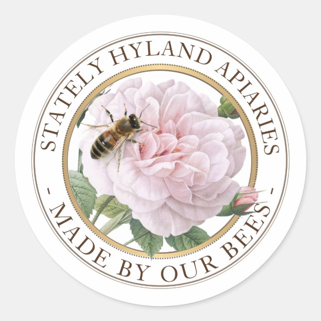 APIARY PRODUCT Honey Label Pink Rose with Bee  (Front)