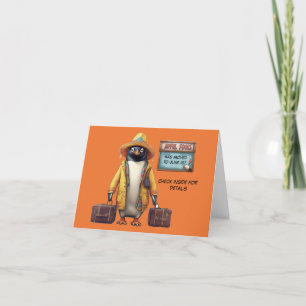 Apil fools day penguin with suitcases holiday card