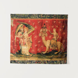 APOCALIPCE Angels and Harlot Seated on Beast, Red Tapestry