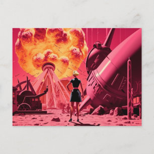 apocalyptic pink space blonde woman postcard