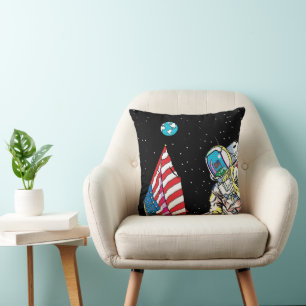 Apollo 11 Astronaut with Flag and Earth Pop Art Throw Pillow