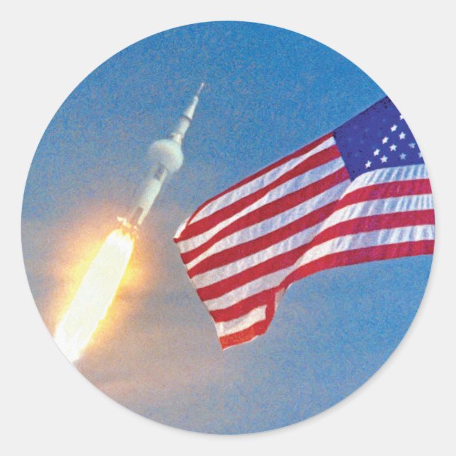Apollo 11 launch with American Flag Classic Round Sticker (Front)