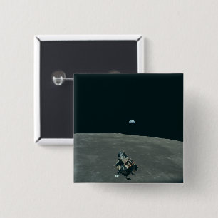 Apollo Lunar Lander and Earthrise Over Moon 2 Inch Square Button