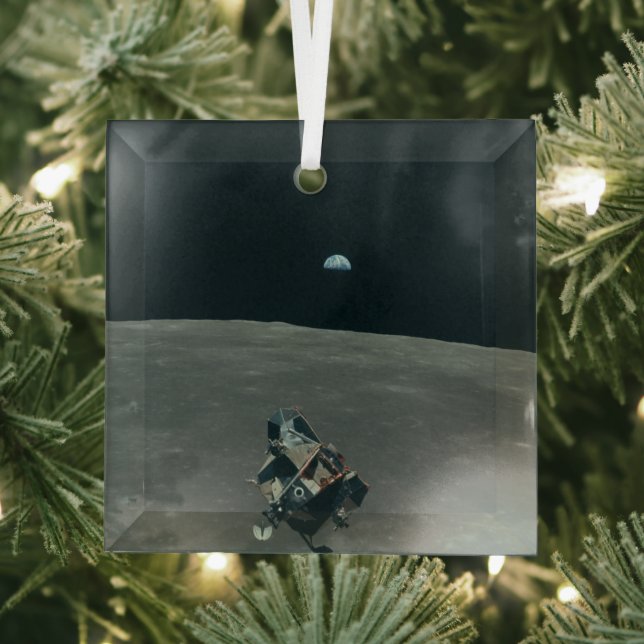 Apollo Lunar Lander and Earthrise Over Moon     Glass Ornament (Insitu)
