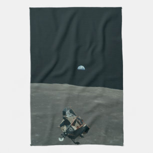 Apollo Lunar Lander and Earthrise Over Moon Kitchen Towel
