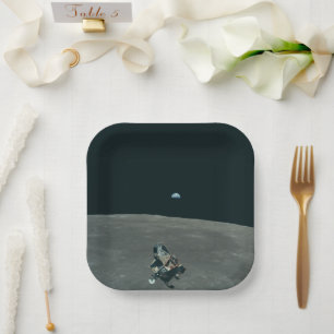Apollo Lunar Lander and Earthrise Over Moon     Paper Plate