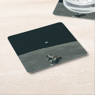 Apollo Lunar Lander and Earthrise Over Moon Square Paper Coaster