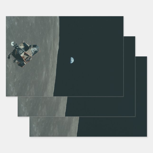 Apollo Lunar Lander and Earthrise Over Moon     Wrapping Paper Sheet (Set)