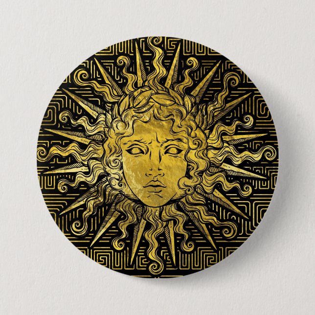 Apollo Sun Symbol on Greek Key Pattern 3 Inch Round Button (Front)