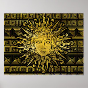 Apollo Sun Symbol on Greek Key Pattern Poster