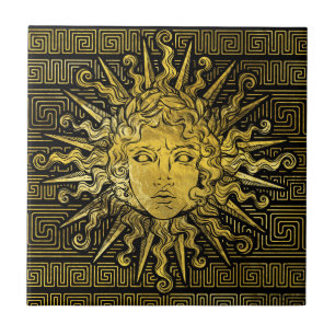 Apollo Sun Symbol on Greek Key Pattern Tile