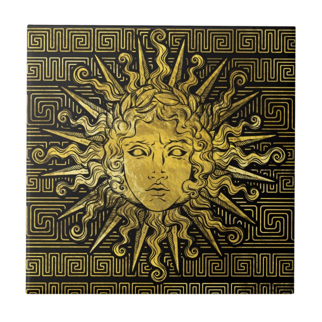 Apollo Sun Symbol on Greek Key Pattern Tile (Front)