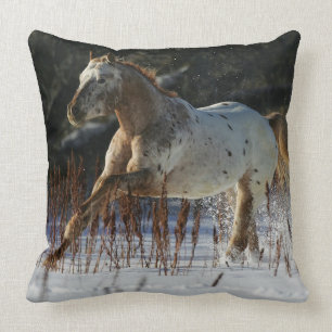 Appaloosa Horse Running in the Snow Throw Pillow