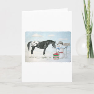 Appaloosa horse with snowman, rectangular holiday card