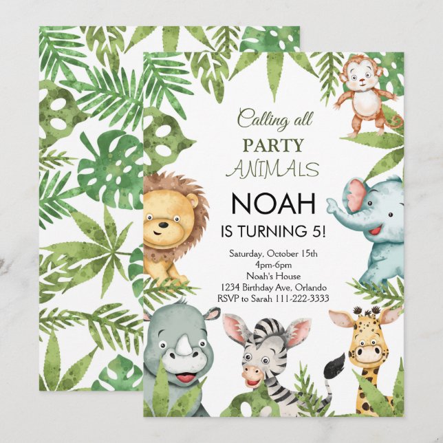 Appel à tous les animaux de fête Safari Invitation (Devant / Derrière)