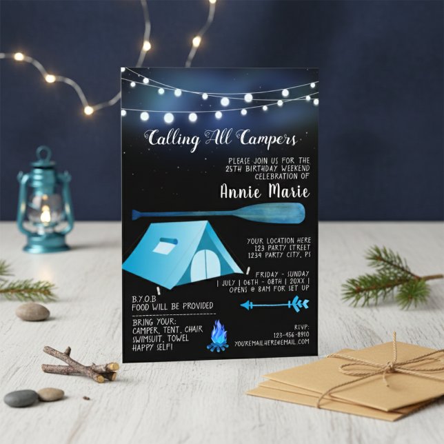 Appel à tous les Campers Blue Birthday Invitation (Calling All Campers Blue Birthday Invitation)
