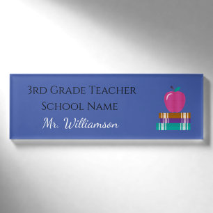 Apple and Book Teacher Blue Name Tag