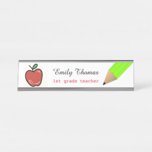 Apple And Green Pencil School Teacher Classroom Desk Name Plate