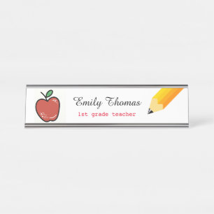 Apple And Yellow Pencil  School Teacher Classroom Desk Name Plate