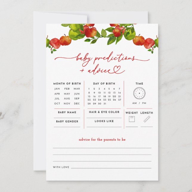 Apple Baby Predictions and Advice Baby Shower Game (Front)