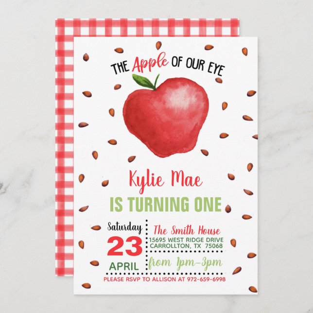 Apple Birthday Invitation - Apple of Our Eye (Front/Back)