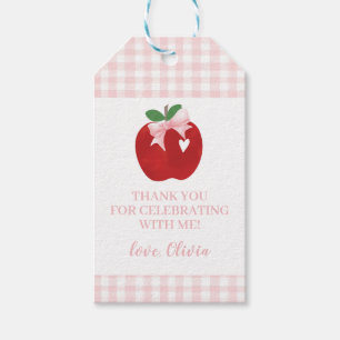 Apple birthday pink bow and plaid gift tags