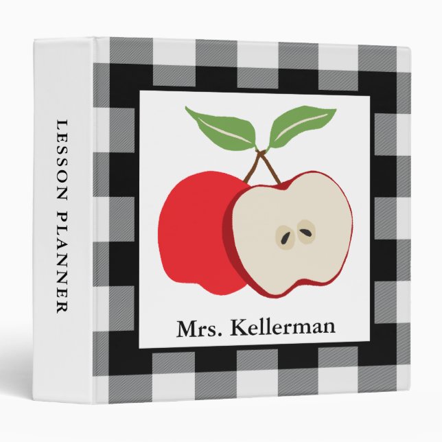 Apple Black and White Buffalo Check Teacher Name Binder (Front/Spine)