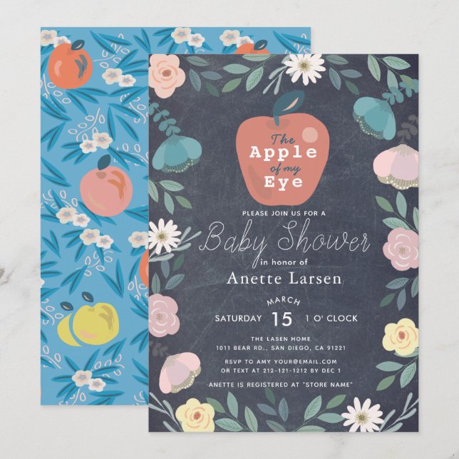 Apple Black Chalkboard Floral Blue Baby Shower Invitation (Front/Back)