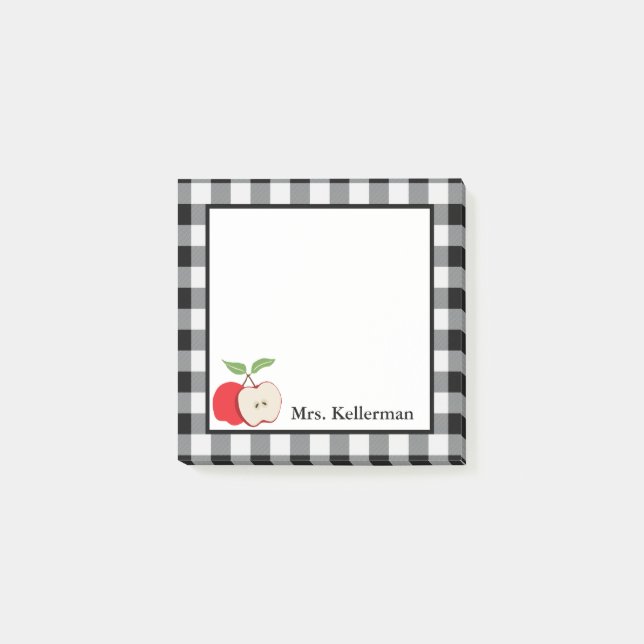 Apple Black White Buffalo Check Teacher Name 3 x 3 Post-it Notes (Front)