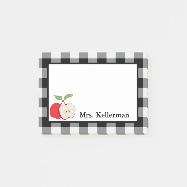 Apple Black White Buffalo Check Teacher Name 4 x 3 Post-it Notes (Front)