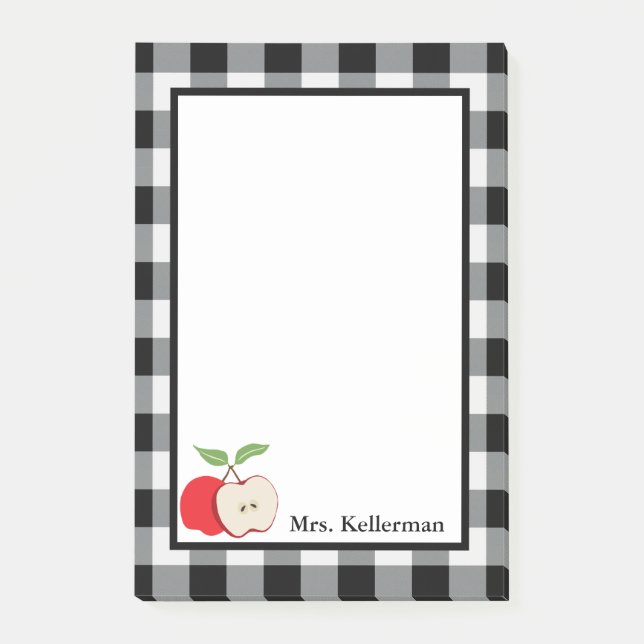 Apple Black White Buffalo Check Teacher Name 4 x 6 Post-it Notes (Front)