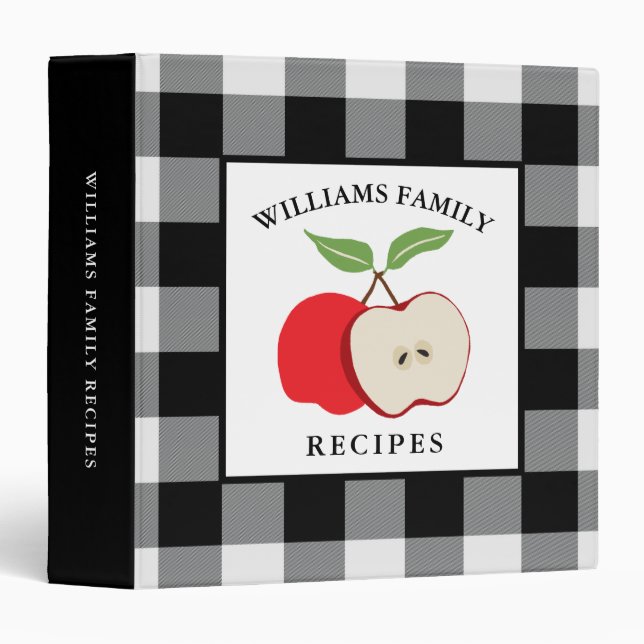 Apple Black White Buffalo Plaid Family Name Recipe Binder (Front/Spine)