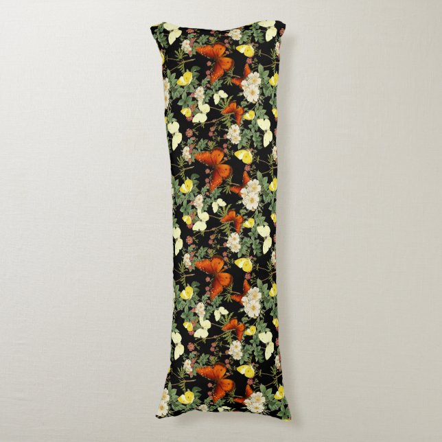 Apple blossom and Butterflies Black Background Body Pillow (Front Vertical)