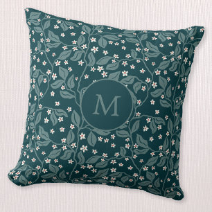 Apple Blossom Branches Botanical Green Monogram Throw Pillow