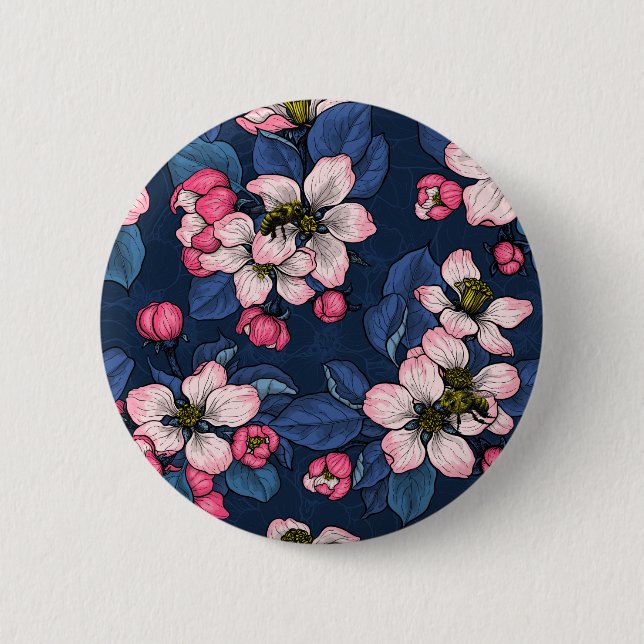 Apple blossom on a dark blue 2 inch round button (Front)