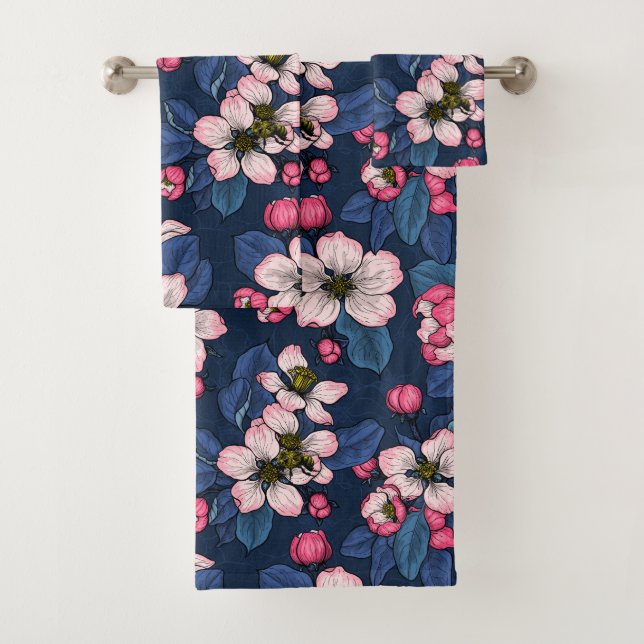 Apple blossom on a dark blue bath towel set (Insitu)