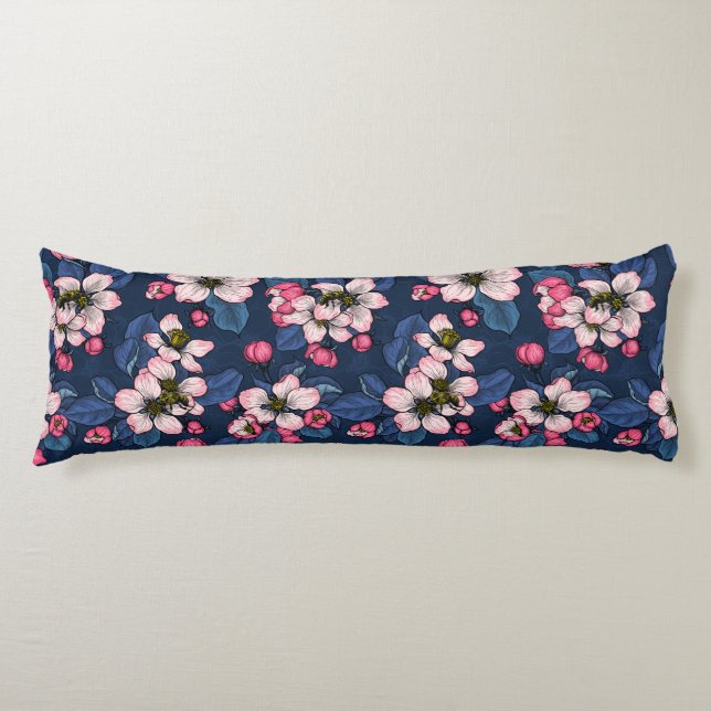 Apple blossom on a dark blue body pillow (Front)