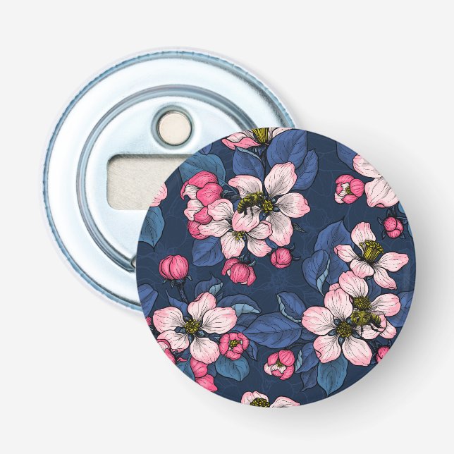 Apple blossom on a dark blue bottle opener (Front)