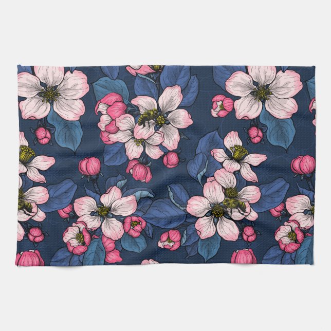 Apple blossom on a dark blue kitchen towel (Horizontal)