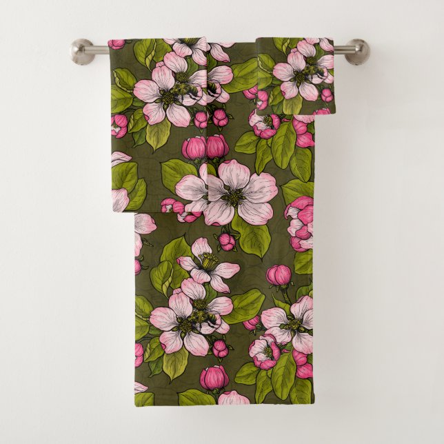 Apple blossom on dark green bath towel set (Insitu)