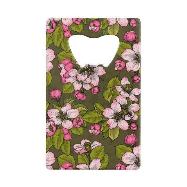 Apple blossom on dark green credit card bottle opener (Front)