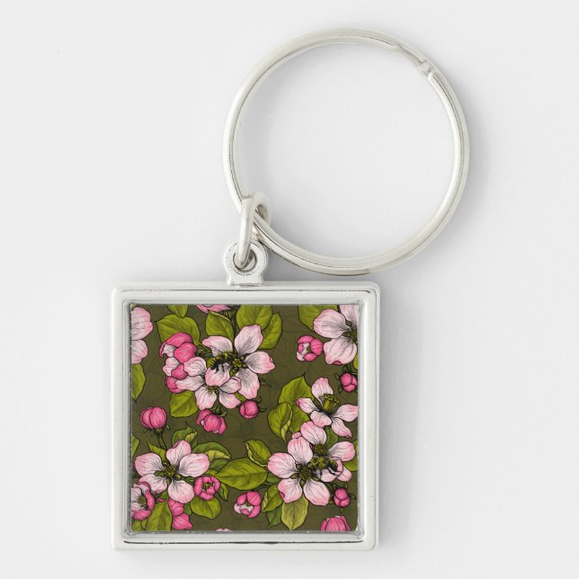 Apple blossom on dark green keychain (Front)