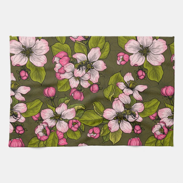 Apple blossom on dark green kitchen towel (Horizontal)